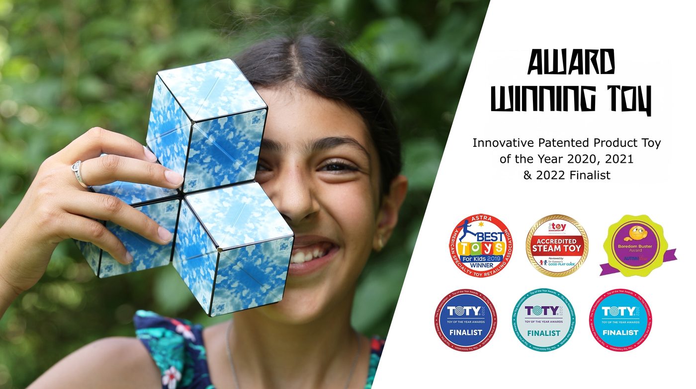 Girl holding an award-winning Shashibo cube